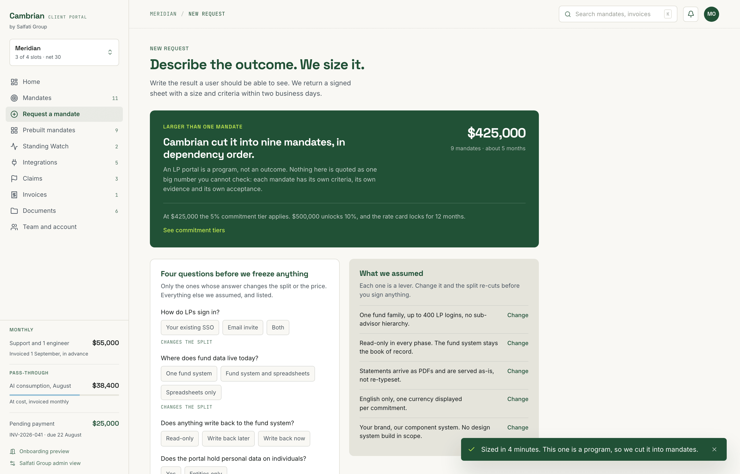 The portal's request view: a vague ask sized into nine mandates in dependency order, the four questions that change the split, and every assumption listed with a change lever.